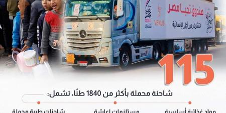 تضم 115 شاحنة، تفاصيل الدفعة الخامسة من صندوق تحيا مصر لدعم قطاع غزة - مصر النهاردة